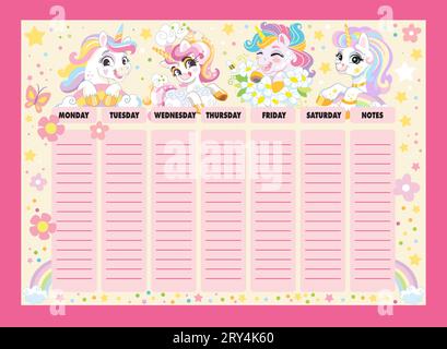 Timetable with cute cartoon unicorns. Rainbow girly weekly planner ...