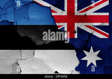 flags of Estonia and Australia painted on cracked wall Stock Photo