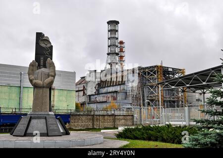 Just outside the gates of reactors #3 and #4 of Chernobyl, Ukraine, where the explosion happened, #4 covered in the old sarcophagus, October 2012. Stock Photo
