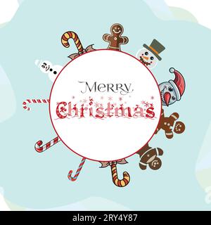 Simple Merry Christmas Vector Editable Greetings card with Snowman, gingerbread, candy cane Stock Vector