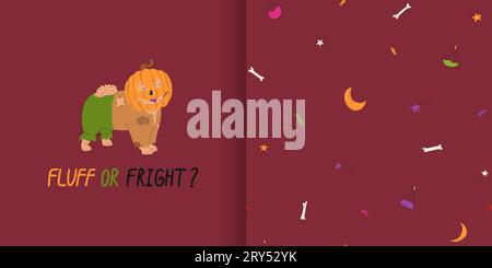 Greeting card with dog in scarecrow Halloween costume and Halloween seamless pattern. Moon, poison, stars, candies and bones. Trick or treat. Vector i Stock Vector