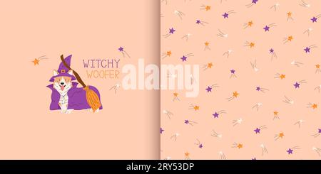 Greeting card with corgi in witch Halloween costume. Halloween seamless pattern with stars. Trick or treat. Happy Halloween vector illustration in a f Stock Vector