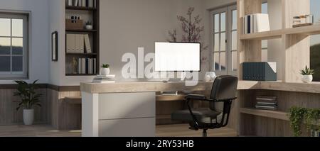 Interior design of a beautiful modern office with a computer mockup on a counter desk, an office chair, a wooden shelf, and accessories. 3d render, 3d Stock Photo