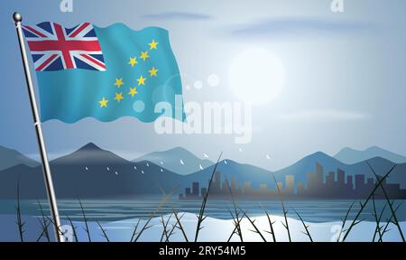 Tuvalu flag with sun background of mountains and lakes Stock Vector