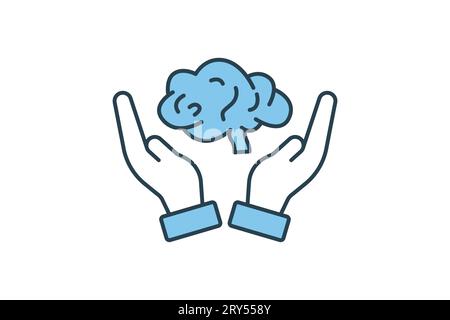 Thinking icon. Hand with brain. icon related to critical thinking. suitable for web site design, app, user interfaces, printable etc. Flat line icon s Stock Vector