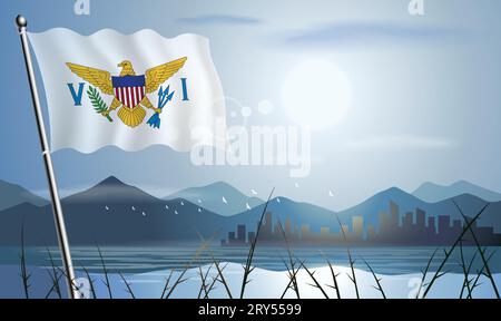 Us Virgin Islands flag with sun background of mountains and lakes Stock Vector