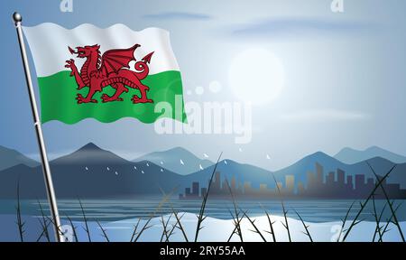 Wales flag with sun background of mountains and lakes Stock Vector