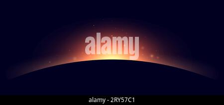 Planet eclipse concept. Red yellow solar light glare effect. Abstract glowing sunrise in dark space. Earth horizon halo illustration. Vector design for poster, banner, cover, brochure, booklet. Stock Vector