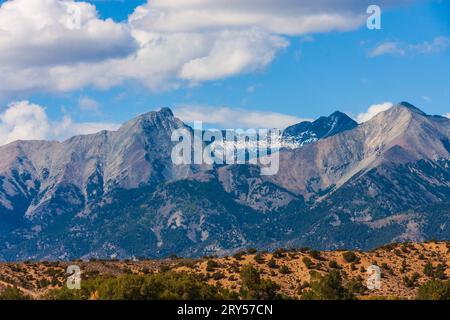 Blanca Peak, viewed from scenic route US 160, is a fourteener (over 14,000 feet) in Colorado at the southern end of the Sangre de Cristo Mountains. It Stock Photo