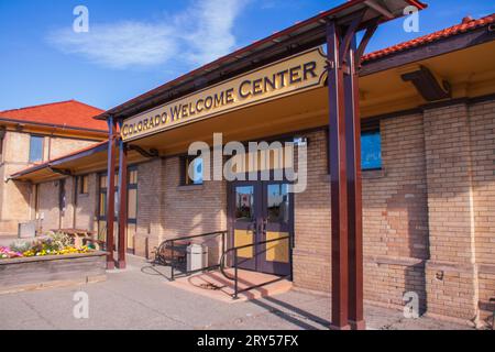 Colorado Welcome Center and Train Depot at Alamosa, Colorado. Scenic train rides on the Denver and Rio Grande Narrow Gauge Railroad are available here Stock Photo