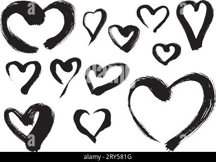 Ink Brush Heart Illustration Set, Hair Brush, Brush Script, Valentine's Day, Blurred, Japanese Style, Hand-painted, Outline, Monochrome Stock Vector