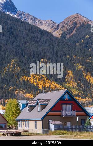 Colorful historic buidlings in the old mining town of Silverton, Colorado, which is a designated National Historic Landmark District. Stock Photo