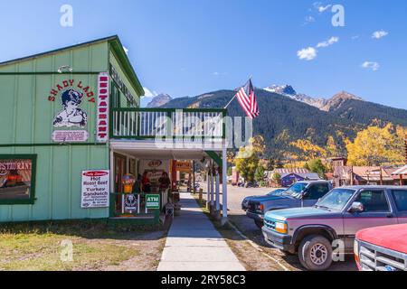 Colorful historic buidlings in the old mining town of Silverton, Colorado, which is a designated National Historic Landmark District. Stock Photo