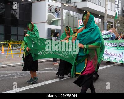 Lima, Peru. 28th Sep, 2023. On International Safe Abortion Day hundreds of women, wearing green scarf, carry out a demonstration demanding legal, safe and free abortion in Peru, as part of the comprehensive health of girls, adolescents, women, and anyone with the possibility of gestating. Abortion in Peru, a conservative country, is illegal and punishable Credit: Fotoholica Press Agency/Alamy Live News Stock Photo