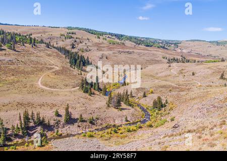 View of Los Pinos River from the Cumbres and Toltec Narrow Gauge train as it travels from Antonito, Colorado, to Chama, New Mexico. Stock Photo