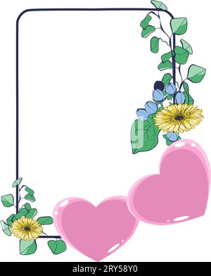 Floral frame with hearts, eucalyptus leaves and gerbera flowers. Vector illustration Stock Vector