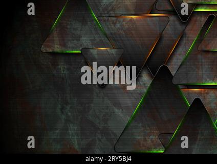 Black and glowing green orange triangles abstract geometric graphic design. Dark tech grunge wall futuristic background. Vector illustration Stock Vector
