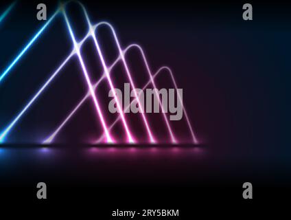 Blue and purple neon laser shapes. Abstract triangles technology retro background. Futuristic glowing vector design Stock Vector
