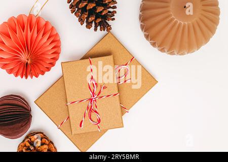 Scandinavian christmas decor, craft gift boxes and paper decor Stock Photo