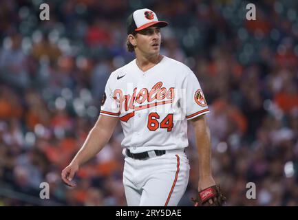 Baltimore, USA. 05th June, 2022. BALTIMORE, MD - JUNE 05: Baltimore Orioles  starting pitcher Dean Kremer (64) sends one down during a MLB game between  the Baltimore Orioles and the Cleveland Guardians