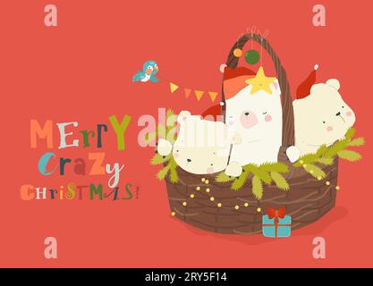 Cute Funny Polar Bears sitting on Christmas Basket Stock Vector