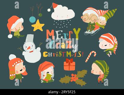 Set of Cute Playful Christmas Elves. Collection of Cute Santa Claus Helpers. Happy New Year, Merry Xmas Design Element. Stock Vector