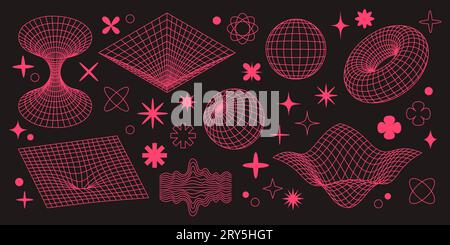 Retro futuristic set. Pink surreal geometric shapes. Abstract vector illustration in trendy psychedelic techno style. Stock Vector