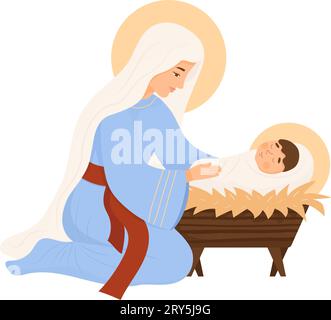 Christmas. Cute Virgin Mary and baby Jesus Christ in manger. Vector illustration in cartoon flat style for Xmas holiday design, decor, postcards Stock Vector