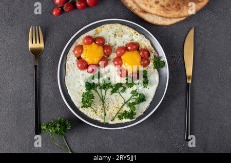 Scrambled eggs with cherry tomatoes in the shape of a flower, children's breakfast idea, top view Stock Photo