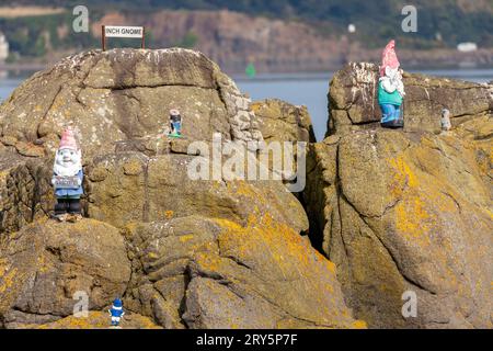 Inchgnome Island,numbers of gnomes who have taken up residence on the rock of Swallow Craig, which sits just off Inchcolm Island Stock Photo