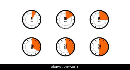 Countdown timer or stopwatch icons set. Clocks with different orange minute time intervals isolated on white background. Infographic for cooking or sp Stock Vector