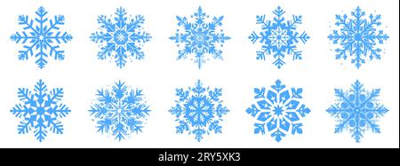 Snowflake icons set. Collection of blue snowflakes on white background. Vector illustration Stock Vector