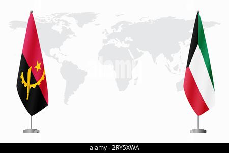 Angola and Kuwait flags for official meeting against background of world map. Stock Vector