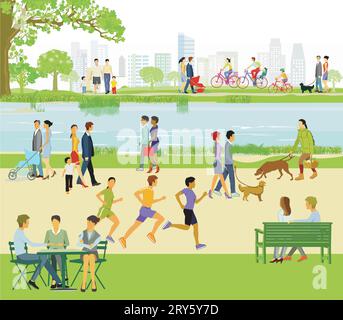 Groups of people by the water with families, parents and children, illustration Stock Vector