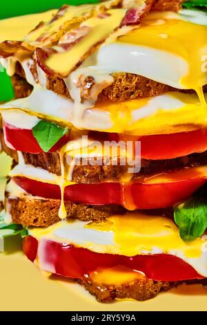 Close-up of fresh toast bread, fiend eggs, bacon, tomatoes and basil with cheese sauce. Breakfast. Pop art Stock Photo