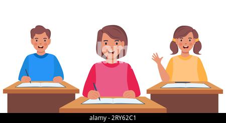 Primary school pupils sit at desk. Elementary education, children writing in copybook, raising hand to answer. Kids getting knowledge on lesson in cla Stock Vector