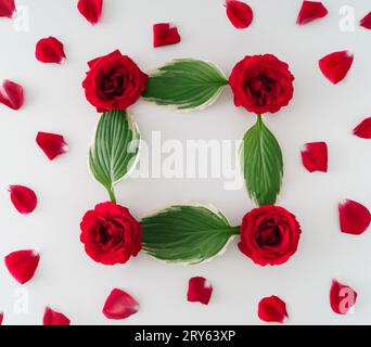 Creative layout with red roses, petals, leaves and copy space. Nature concept. Flat lay. Flowers aesthetic. Stock Photo