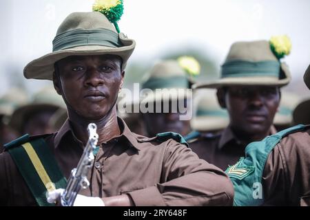 Members of The Tanzania Peoples Defence Force (TPDF) attend the parade during the 60th anniversary of independence day ceremony at the Uhuru Stadium Stock Photo