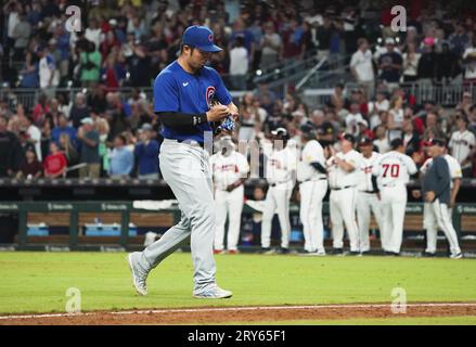 Seiya Suzuki of the Chicago Cubs walks back to the dugout after being  called out on strikes in the second inning of a baseball game against the  Milwaukee Brewers on April 30