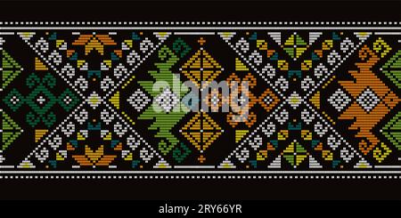 Filipino traditional art - Yakan cloth inspired vector seamless long horizontal pattern, retro textile or fabric print design from Philippines on blac Stock Vector