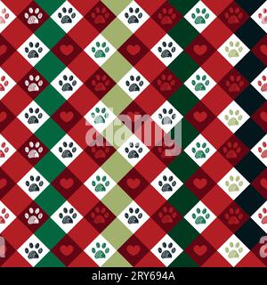 Christmas plaid pattern with paw print Stock Vector