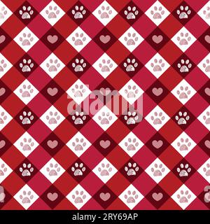 Christmas plaid pattern with paw prints red and pink theme Stock Vector