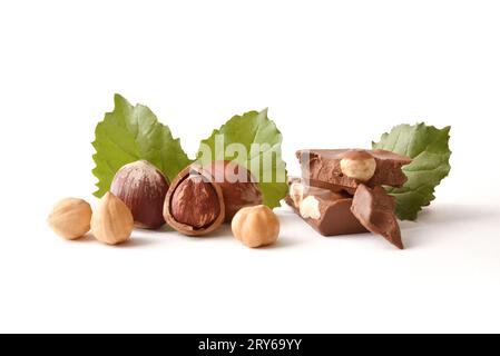 Pieces of chocolate with hazelnuts shelled and peeled nuts with leaves on the side isolated on white. Front view. Stock Photo