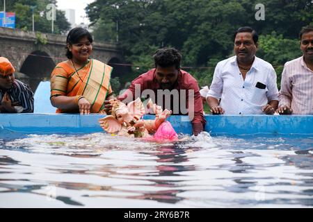 Pune, India - September 29, 2023, Water pollution in Pune is reduced by holding the ganpati visarjan in small water tanks. Sangam, Pune Stock Photo