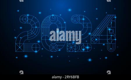 Blue neon light 2024 modern geometric New Year card. Grid based design. Stock Vector