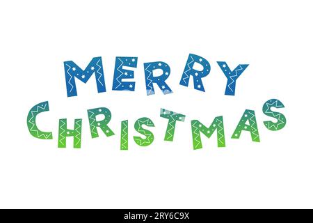Lettering Merry Christmas with blue-green letters in cut paper and scrapbooking style , winter design element. Vector illustration Stock Vector