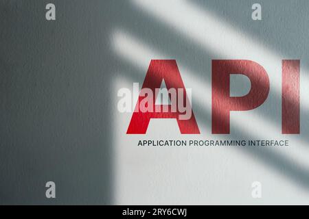 White wall with moody shadows and API word on it and copy space. Application Programming Interface. Software development tool. Internet and networking Stock Photo