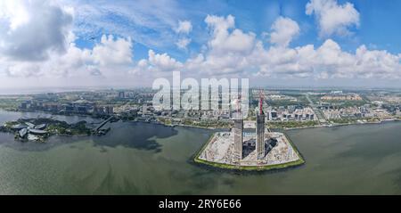 (230929) -- SHANGHAI, Sept. 29, 2023 (Xinhua) -- This aerial panoramic photo taken on Sept. 6, 2023 shows a view of the Lingang new area of the China (Shanghai) Pilot Free Trade Zone in east China's Shanghai. (Xinhua/Fang Zhe) Stock Photo