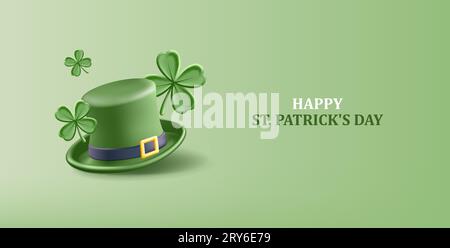 Saint Patrick's Day poster with clove leaves and green hat. Vector render 3d illustration. Stock Vector