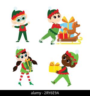Set Christmas elves. Multicultural boys and girls in traditional elf costumes. Elves are depicted with sledges and gifts. Stock Vector